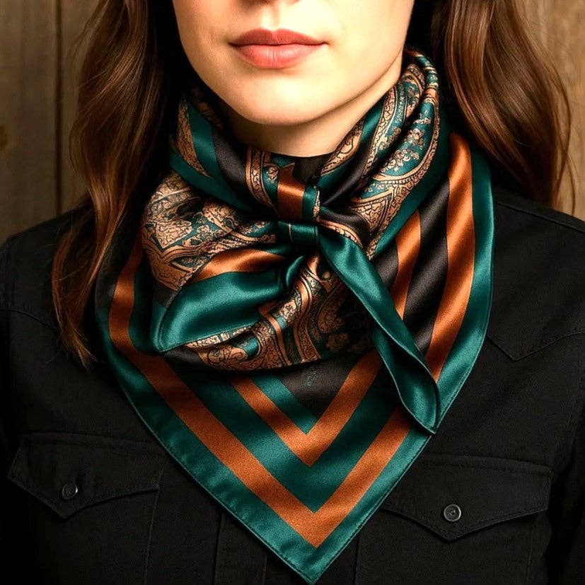 35X35" Emerald and Tan Paisley Wild Rag / Scarf WR1004